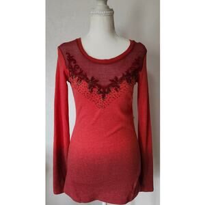 Miss Me Y2K Boho Thermal Top Small Red Burgundy Ombre Embroidered Sequin